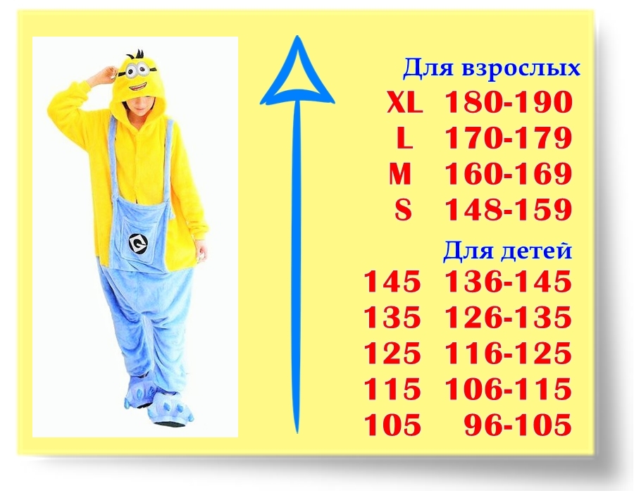 Размеры кигуруми Миньон для детей Размеры кигуруми Миньон для детей