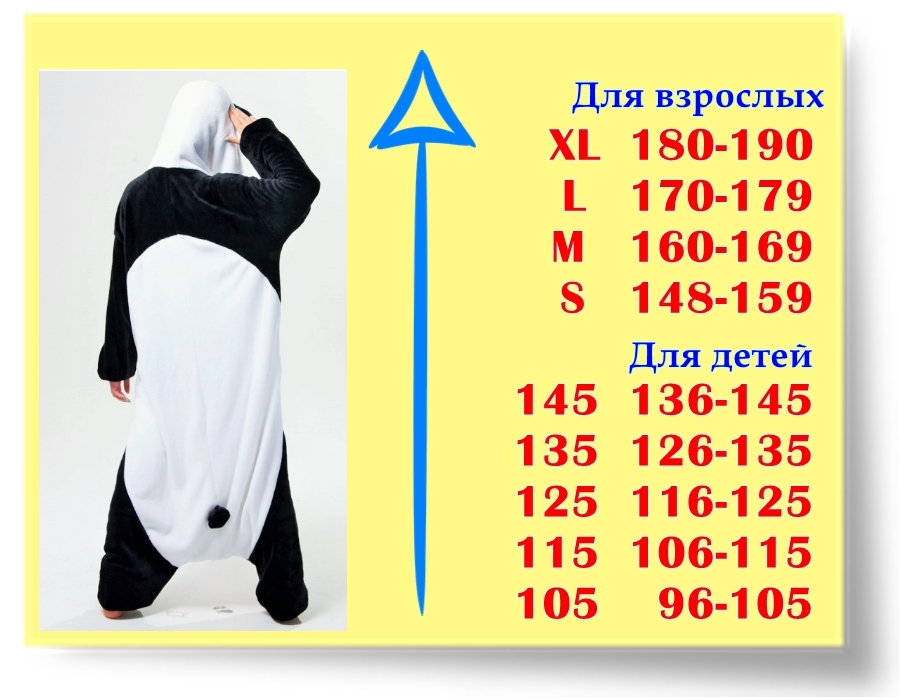 Размеры кигуруми Белая Панда Размеры кигуруми Белая Панда