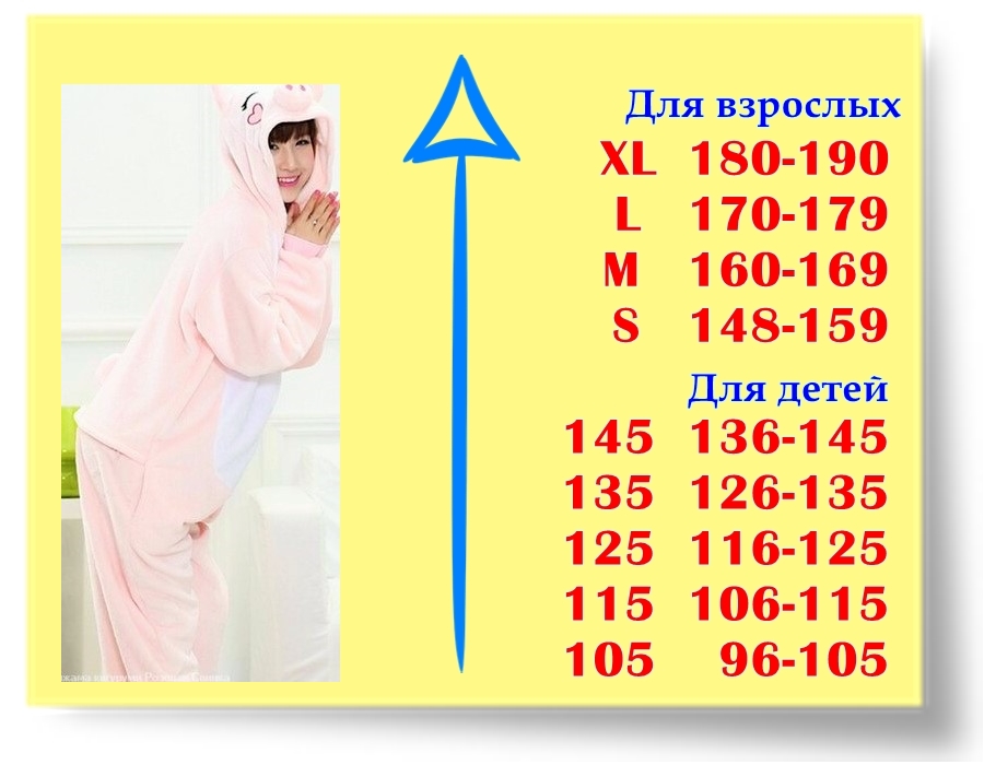 Размеры кигуруми Розовая Свинка