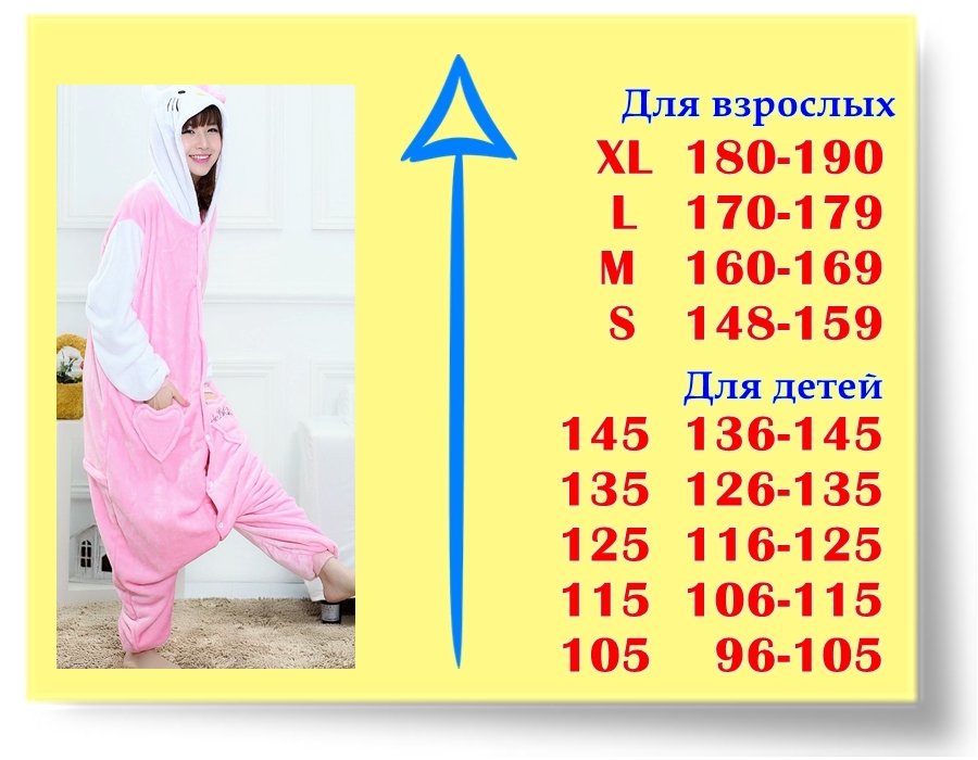 Размеры кигуруми Кошечка Хелло Китти для детей Размеры кигуруми Кошечка Хелло Китти для детей