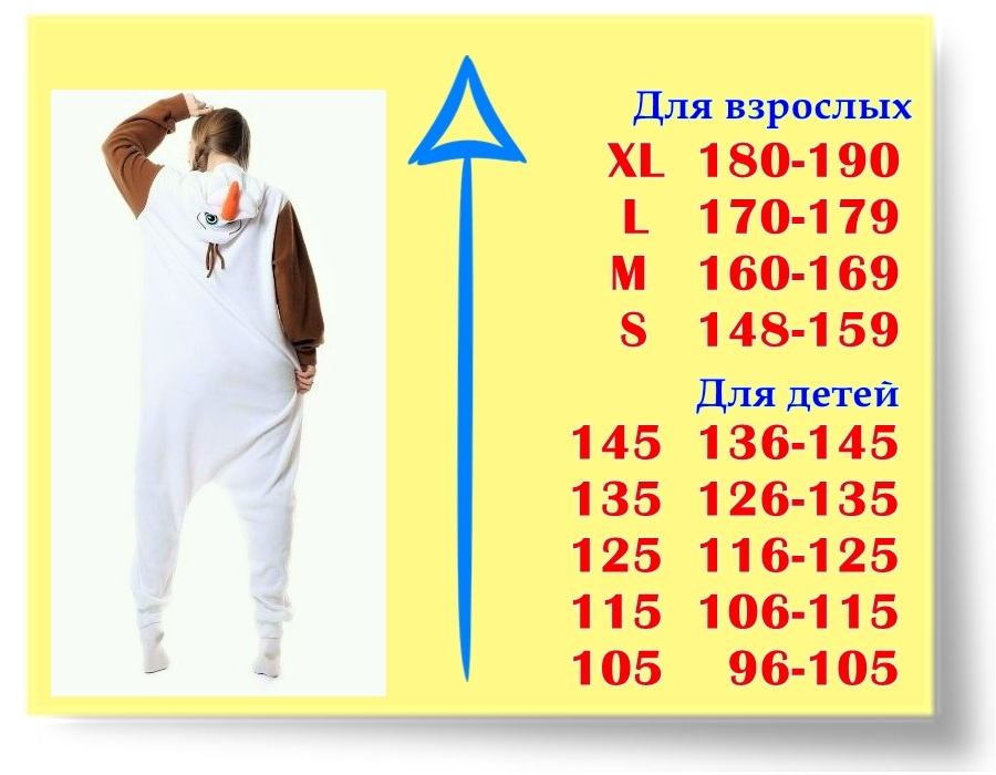 Размеры кигуруми Снеговик Олаф