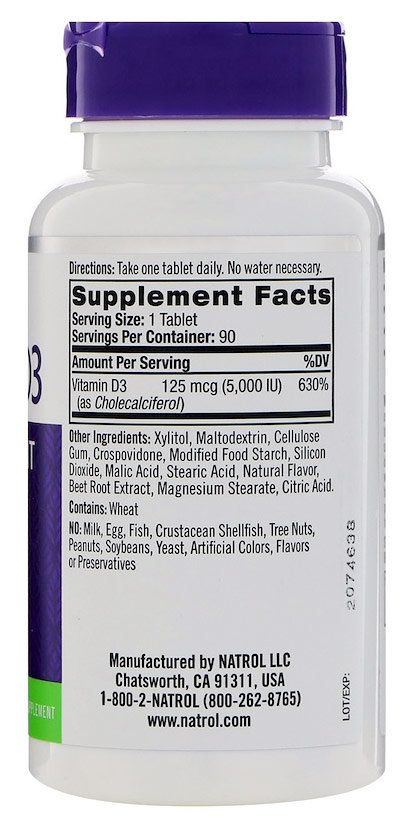 Natrol Vitamin D-3 5000 Iu Быстрорастворимый 90 таблеток
