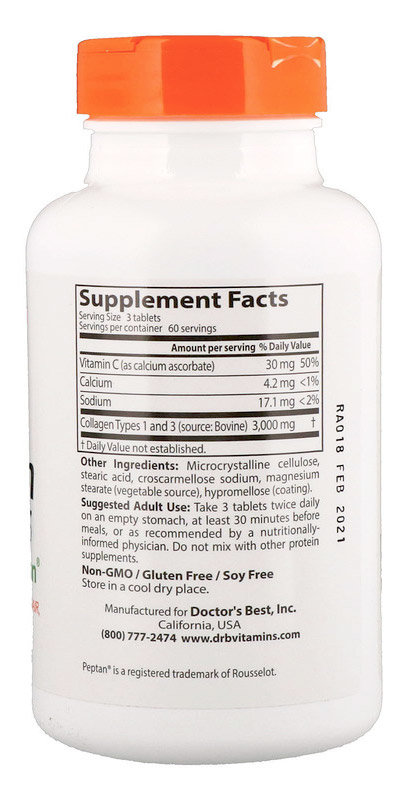 Doctor's Best Collagen Types 1 and 3 with Peptan 1000 мг Коллаген, тип 1 и 3, с пептаном, 180 таблеток 