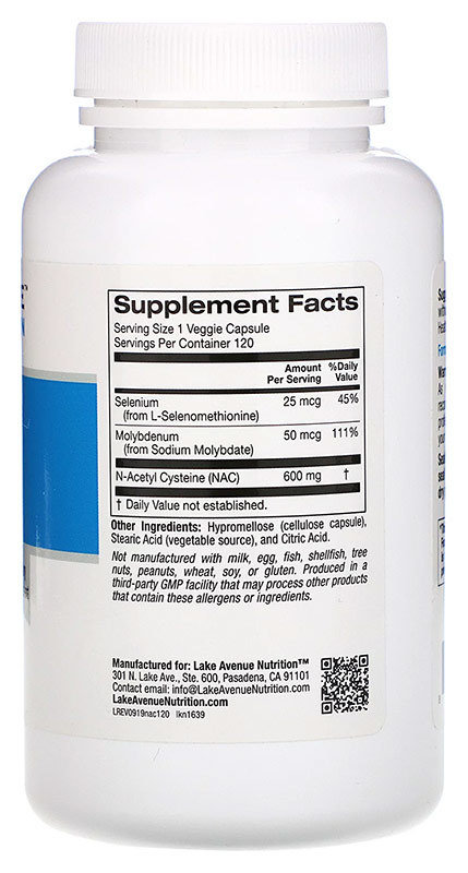 Lake Avenue Nutrition Nac, N-Acetyl Cysteine with Selenium & Molybdenum 600 мг 120 капсул 