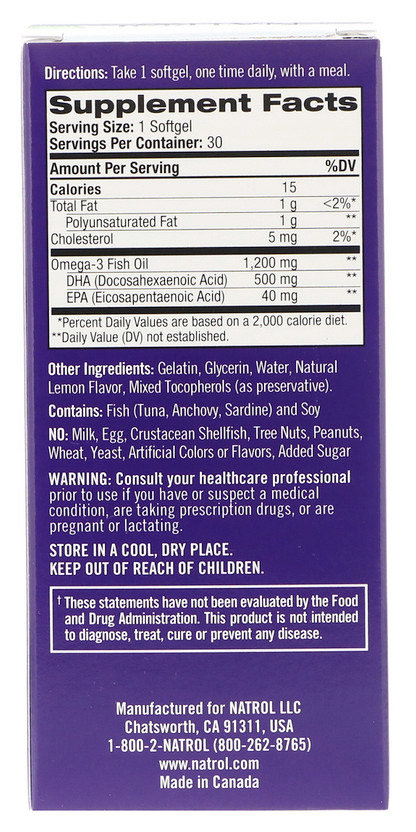 Natrol DHA 500 Brain Health 30 Softgels (Lemon)