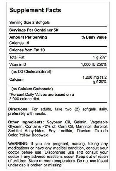 Puritan's Pride Absorbable Calcium 1200 мг with Vitamin D3 1000 Iu 100 капсул