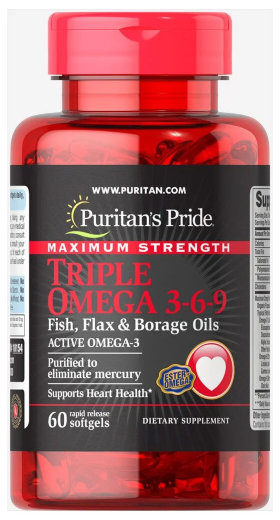 Puritan's Pride Maximum Strength Triple Omega 3-6-9 Fish, Flax &amp; Borage Oils 60 капсул