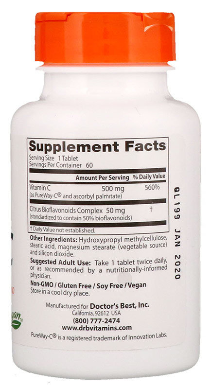 Doctor's Best Sustained Release Vitamin C with PureWay-C 500 мг Витамин С замедленного высвобождения, 60 таблеток