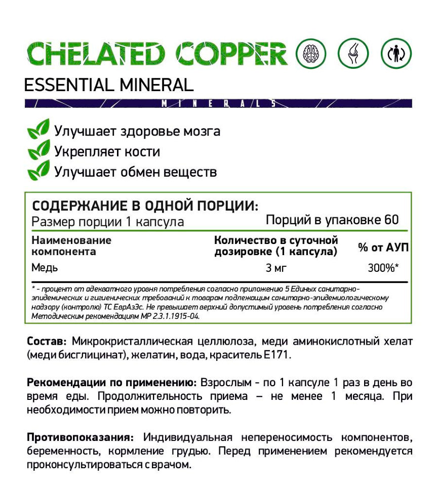 NaturalSupp Chelated Copper 3 мг 60 капсул