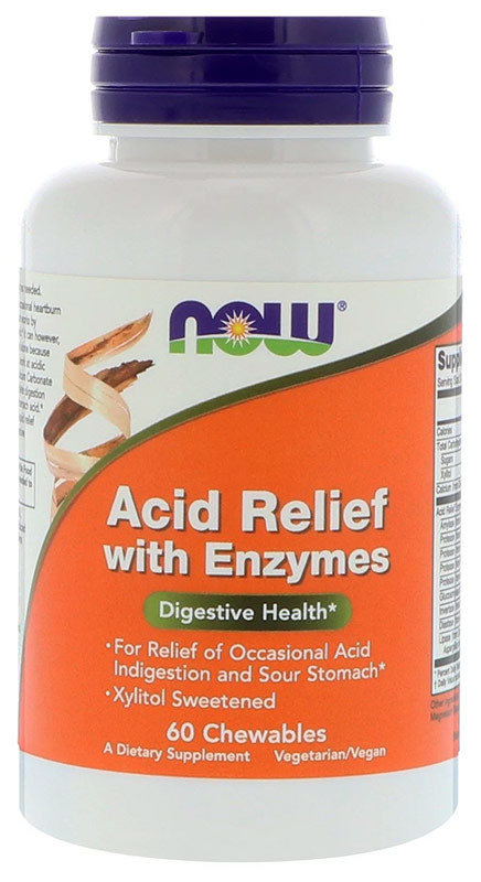 Now Acid Relief Chew Enzymes Добавка для снижения кислотности с ферментами, 60 жевательных таблеток 