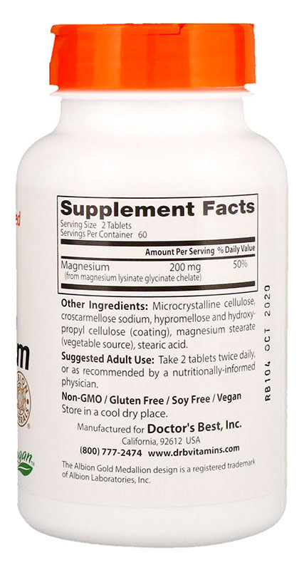 Doctor's Best High Absorption Magnesium 100% Chelated 120 таблеток Состав