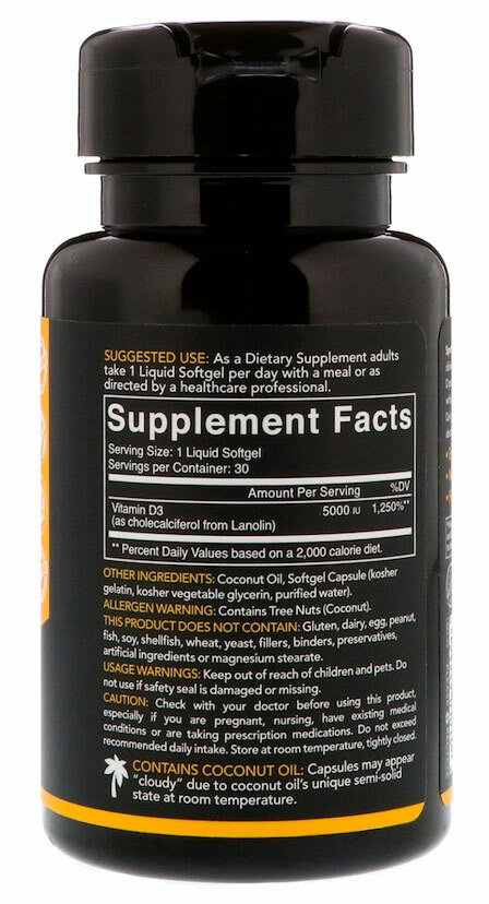 Sports Research Vitamin D3 with Coconut Oil 125 mcg (5000 Iu) 30 гелевых капсул