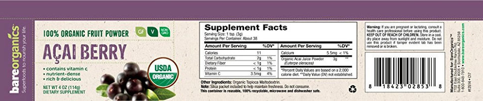 BareOrganics Acai Fruit Powder 114 г 
