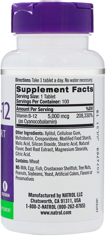 Natrol Vitamin B-12 5000 мкг Быстрорастворимые 100 таблеток