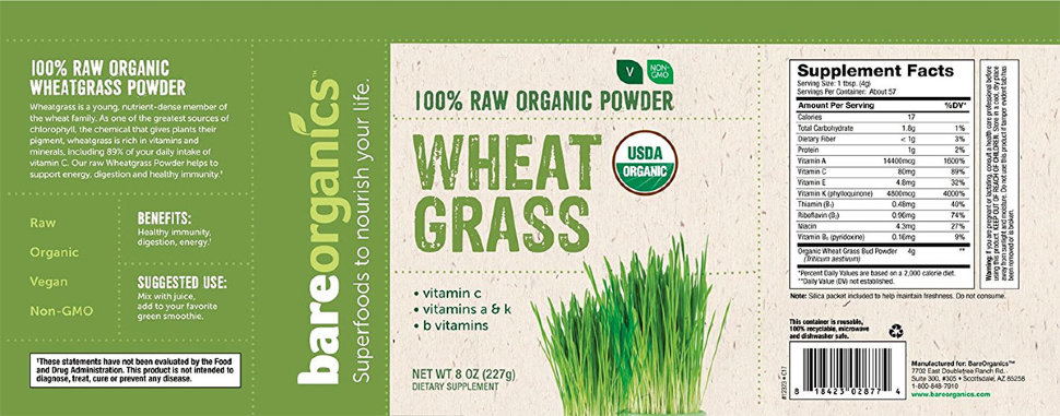 BareOrganics Wheatgrass Powder 227 г 