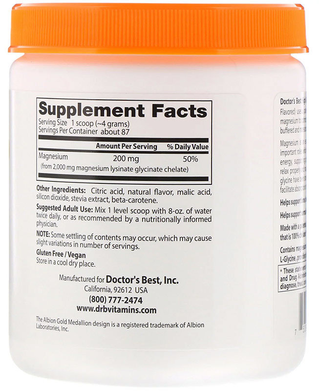 Doctor's Best магний с высокой абсорбцией, 100% хелатированный, вкус персика, 347 г