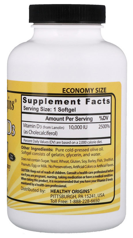 Healthy Origins Vitamin D3 10,000 Ме 360 гелевых капсул